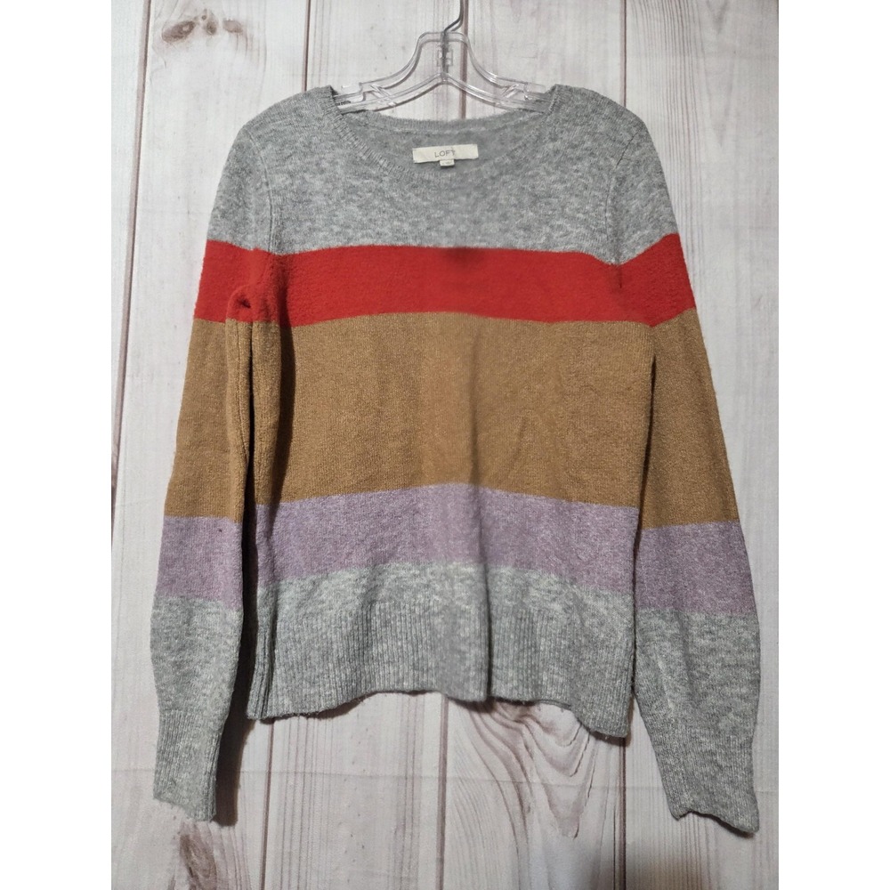 LOFT Sweater Womens Small Gray Multicolor Colorblock‎ Stripe Knit Crewneck Soft